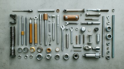 Poster - Various car parts and tools like bolts, nuts, and wrenches are organized on a flat surface, offering a clean layout for design. Generative AI