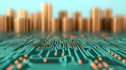 Wall Mural - circuit city: a close-up view of a circuit board, with the cityscape in the background, evokes the s