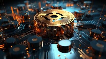 Canvas Print - A gold coin with a symbol on it is surrounded by a circuit board