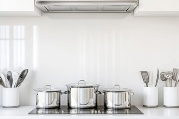 Stainless steel pots and cooking utensils on modern kitchen countertop.