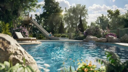 Wall Mural - animation tranquil garden with refreshing pool view generated with ai