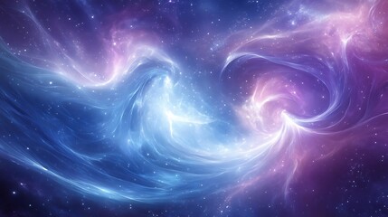 Abstract cosmic nebula with swirling vibrant blue and purple colors, glittering stars.