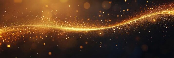 Fototapete - A shimmering golden glitter wave flows gracefully against a dark background, providing a vibrant canvas for text or design elements. Generative AI