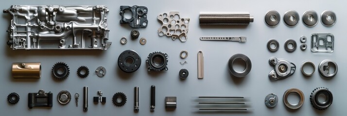 Poster - Detailed arrangement of various car engine components, including pistons, gears, belts, and valves, allowing for clear visibility and analysis. Generative AI