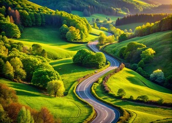 Poster - Scenic Twisty Road Through Lush Green Landscape with Breathtaking Curves and Vibrant Nature, Perfect for Travel and Adventure Themes in Stock Photography