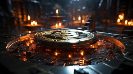 Wall Mural - a gold coin with a symbol on it is surrounded by a glowing, dark environment