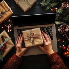 Leinwandbilder - Hand using laptop with sent gift to online application and festive decorations on the black background.