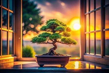 Wall Mural - Serene Dawn: A Minimalist Bonsai Tree on a Windowsill, Bathed in Soft Morning Light, Perfectly Capturing Tranquility and Nature's Beauty in a Minimalistic Style