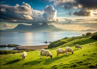 Poster - Serene Highland Sheep Grazing with Eigg and Rum in the Background - A Minimalist Landscape Capturing the Essence of Scotland's Natural Beauty