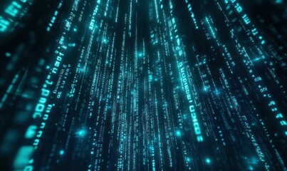 Dynamic binary code visualization with blue streams in motion, representing data flow, programming, and cyber technology concepts