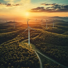 Poster - AI-driven energy, renewable solutions, clean technology, sustainability concept. AI robotic head holds wind turbine symbol on dark blue background. Glowing low polygonal abstract vector illustration.