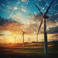 Poster - AI-driven energy, renewable solutions, clean technology, sustainability concept. AI robotic head holds wind turbine symbol on dark blue background. Glowing low polygonal abstract vector illustration.