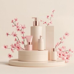 Poster - Beige podium display. Pink flower tree branch. Cosmetic or beauty product promotion floral pedestal. Abstract minimal advertise. Podium and stand for product promotion. 3D render copy space mockup.