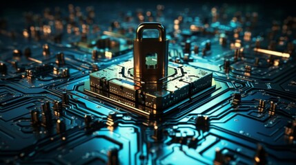 Canvas Print - A computer chip with a gold lock on it