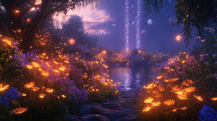 Wall Mural - Midsummer Night’s display with glowing text and celestial-themed tags for magical ambiance