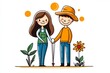 © Sanchai - A playful drawing of a couple gardening together, with exaggerated smiles and bright colors on a white background