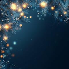 Poster - Christmas background with glowing pine branches and empty space on dark blue background. Festive holiday atmosphere, winter greenery, and seasonal design. Low polygonal abstract vector illustration