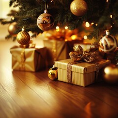 Leinwandbilder - Xmas background mockup with copyspace. Boxes of gifs under cristmas fir tree on wooden floor near fireplace. Ornaments, garland and golden ball with beautiful orange backlight.