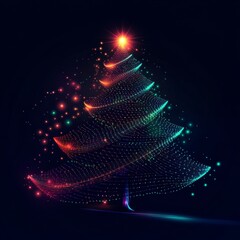 Poster - Merry Christmas greeting card with Glowing spruce tree in futuristic glowing polygonal style on dark blue background. Modern abstract wireframe connection design vector illustration