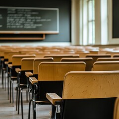 Aufkleber - Empty defocused university classroom. Blurred school classroom without students with empty chairs and tables. Business conference room