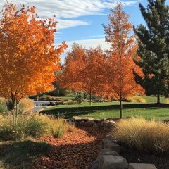 Aufkleber - Orange color trees, green grass and red brown leaves in fall city park. Beautiful autumn park. Autumn tree with golden and red leaves.