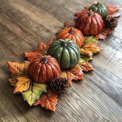 Aufkleber - Autumn banner with fallen maple leaves and pumpkins on wooden vintage table. Autumn concept with red-yellow leaves background. Thanksgiving pumpkins.