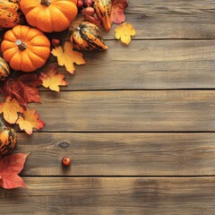 Aufkleber - Autumn banner with fallen maple leaves and pumpkins on wooden vintage table. Autumn concept with red-yellow leaves background. Thanksgiving pumpkins.
