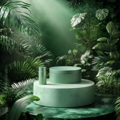 Poster - product podium in nature outdoors forest blurred green background. natural product placement, pedestal stand display, spring or summer cosmetics concept