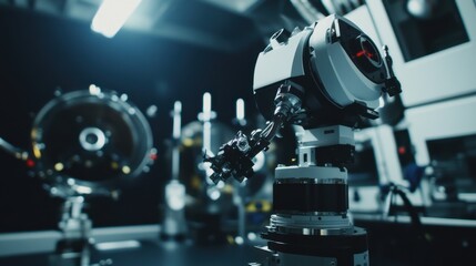 A robot performing delicate calibration tasks in a high-tech astronomy observatory with clean, organized equipment and advanced imaging systems, Astronomy tech style