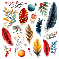 Wall Mural - Vibrant Botanical Elements with Leaves, Berries, and Ornaments