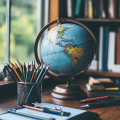 Aufkleber - office objects on the desktop, against the background of the globe