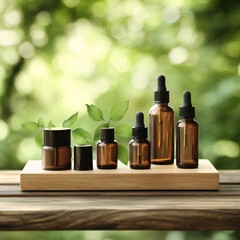 Poster - product podium in nature outdoors forest blurred green background. natural product placement, pedestal stand display, spring or summer cosmetics concept