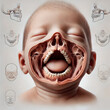 © Chinamon - A detailed anatomical diagram of a newborn with a cleft lip and palate. highlight the gap in the upper lip and the roof of the mouth (palate), showing how  condition disrupts normal facial structure.