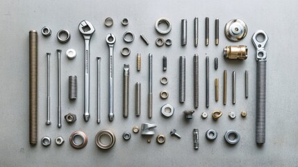Poster - Various car parts and tools are laid out methodically, showcasing bolts, nuts, spark plugs, and wrenches for repair projects. Generative AI