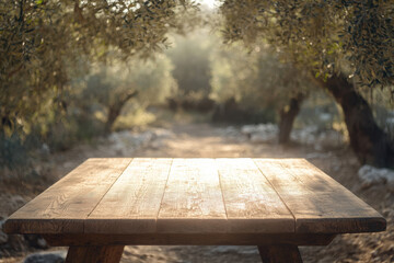 Poster - A wooden table in a sunlit olive grove pathway, inviting relaxation and connection with nature.