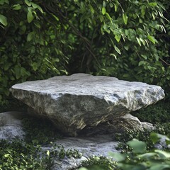 Poster - Stone podium on rock platform 3d illustration, grey rock pedestal for a product display stand, green forest and blurred on the background, natural scenery landscape.