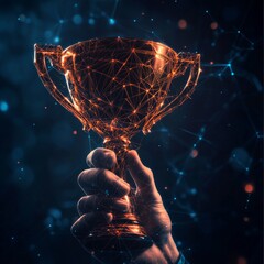 Poster - Achievement, business or sport success futuristic concept with hand holding trophy cup on dark blue background. Glowing low polygonal style. Modern abstract connection design vector illustration.