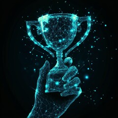 Poster - Achievement, business or sport success futuristic concept with hand holding trophy cup on dark blue background. Glowing low polygonal style. Modern abstract connection design vector illustration.