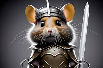 Wall Mural - Hamster dressed in holding a sword. Hamsters with black armor on a background. Hamsters in a cartoon armor with iron armor. Hamsters with a black background lifestyle and iron armor.
