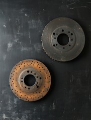 Fototapete - Brake pads and discs placed on a dark surface awaiting installation, showcasing wear over time while providing space for notes or comments. Generative AI