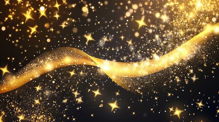 Poster - A stunning golden glitter wave flows on a dark background, offering a captivating shine and space for text design elements. Generative AI