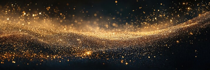 Fototapete - Golden glitter creates a mesmerizing wave effect against a dark backdrop, offering ample space for additional text or designs. Generative AI