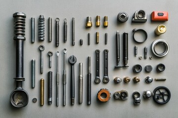 Poster - Various car parts and tools such as bolts, nuts, spark plugs, and wrenches are organized neatly, offering plenty of space for added text. Generative AI