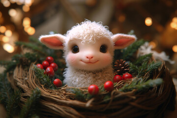 Wall Mural - Cute baby lamb in nest with red berries and warm bokeh lights in background. Little sheep puppet toy in pine branches. Lamb of god. Symbol of Jesus Christ. Christmas card, banner, poster