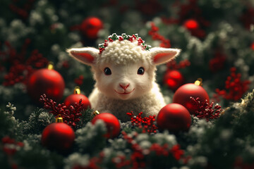 Cute baby lamb in berry wreath in festive Christmas setting with red ornaments and pine branches. Little sheep puppet toy in pine branches. Lamb of god. Symbol of Jesus Christ.