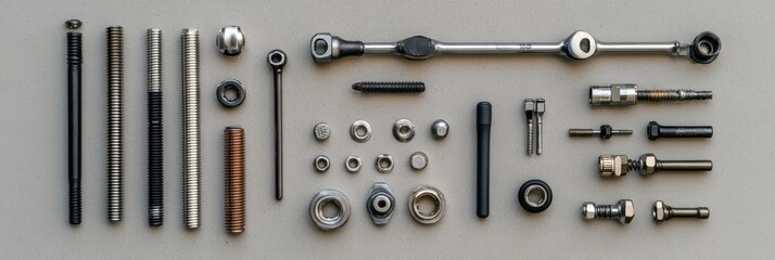 Poster - Car parts and tools are organized neatly, showcasing bolts, nuts, spark plugs, and wrenches in a workshop setting, ready for use. Generative AI