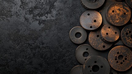 Fototapete - Dark metallic brake pads and discs are grouped together on a textured surface, providing a clear area for text or design elements. Generative AI