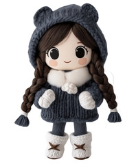 Wall Mural - A cute girl doll made from knit, wearing a cozy winter outfit including a thick grey and white hooded coat with faux fur trim, dark grey knitted tights, and white fur-topped boots.