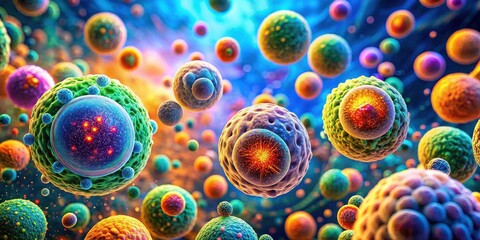 Wall Mural - a vibrant, abstract representation of microscopic cells, showcasing a complex tapestry of colors and