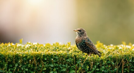 Starling perched on garden hedge with soft morning light in tranquil scene